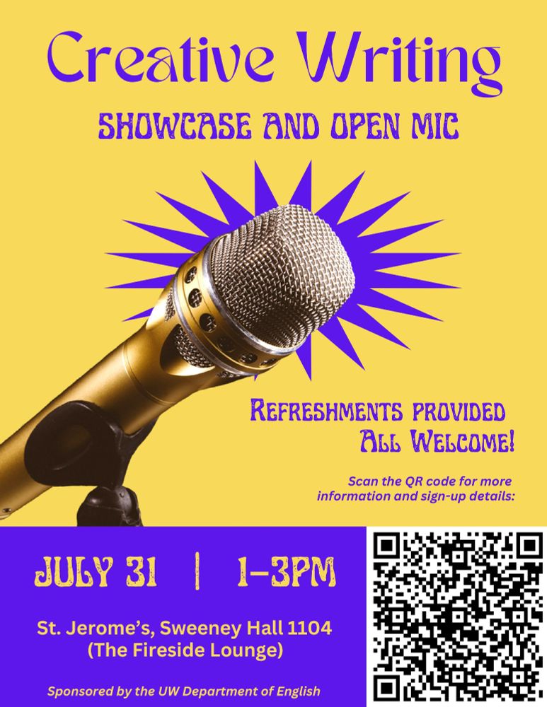 Poster for Creative Writing Showcase. Info in post and links.