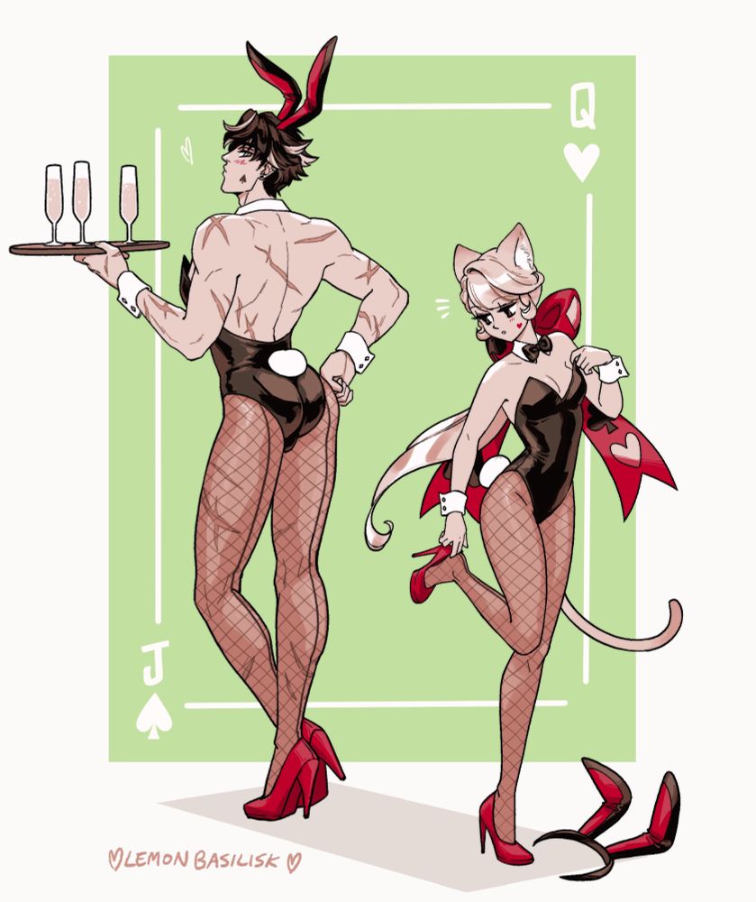 full image of Lynette and Wriothesley in bunny suits, complete with fishnet stockings and high heels. She’s adjusting her outfit and glances behind her to look at Wrio’s ass. He’s holding a tray of champagne flutes as if ready to go, but also steals a glance back at her. Lynette’s bunny ear headband is lying on the floor since she doesn’t want to wear it