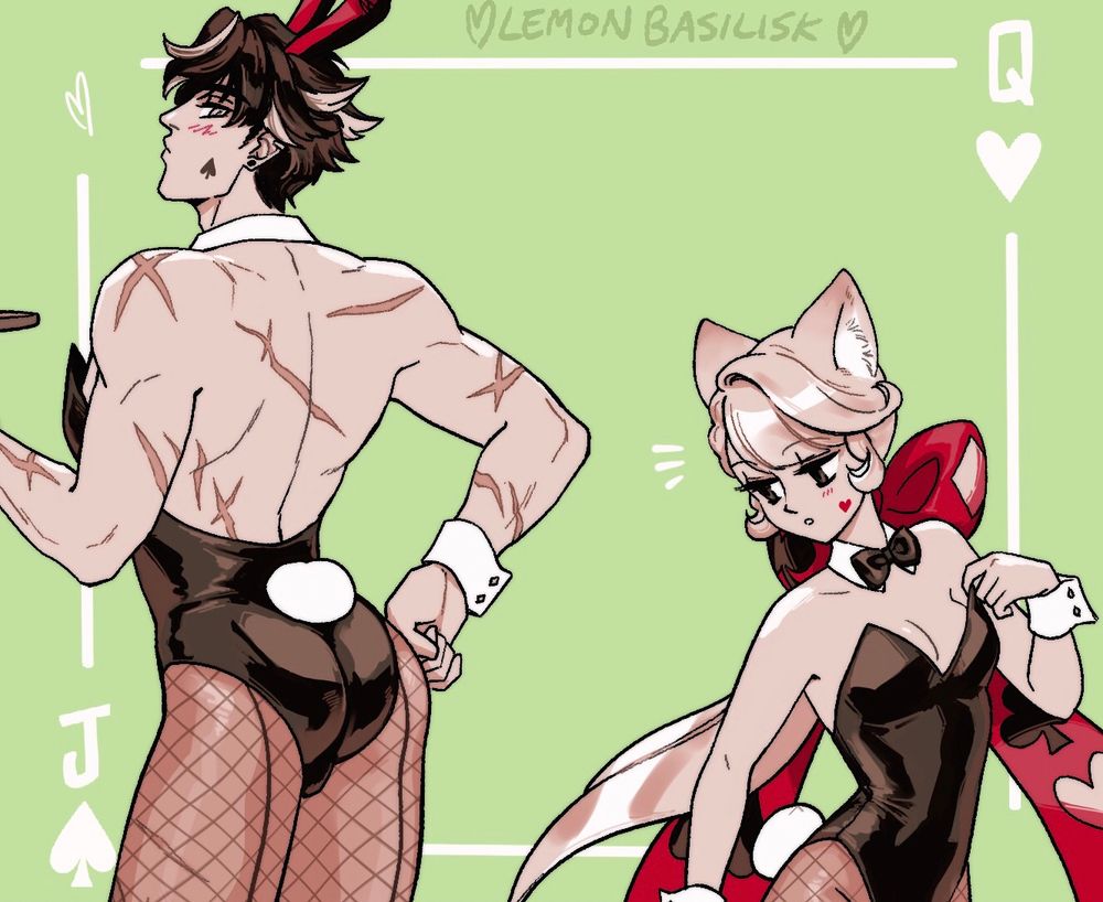 Closeup of full image. Wriothesley and Lynette both in bunny outfits, not-so-subtly checking each other out