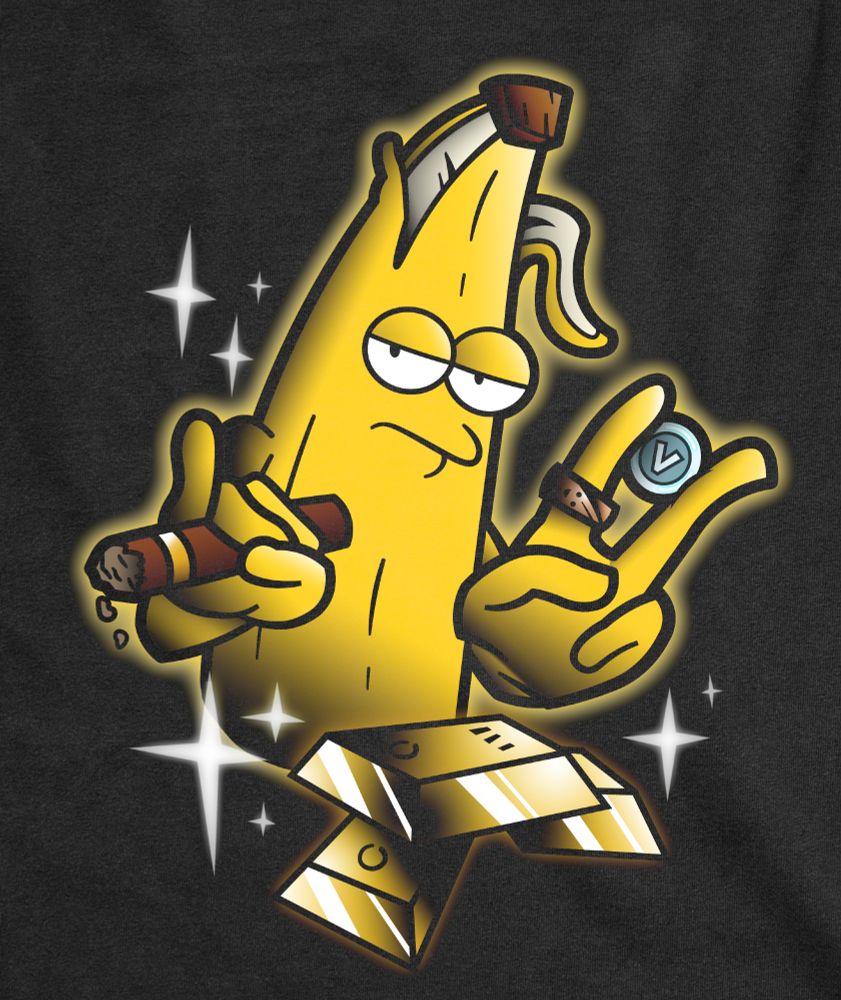 Swagged out thug gangster Springfielder Peely (Fortnite) hitting a cigar and holding a v-buck between his fingers.