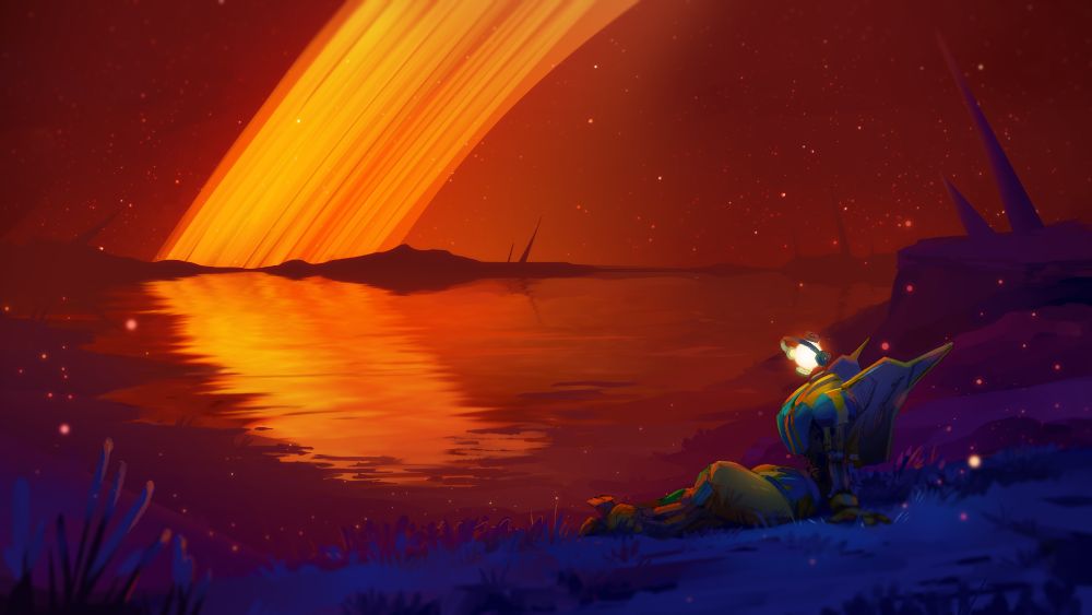 A digital painting of a scenery with a large lake at night, the night sky show the rings of a alien planet and a robot character sits in the grass enjoying the view. 