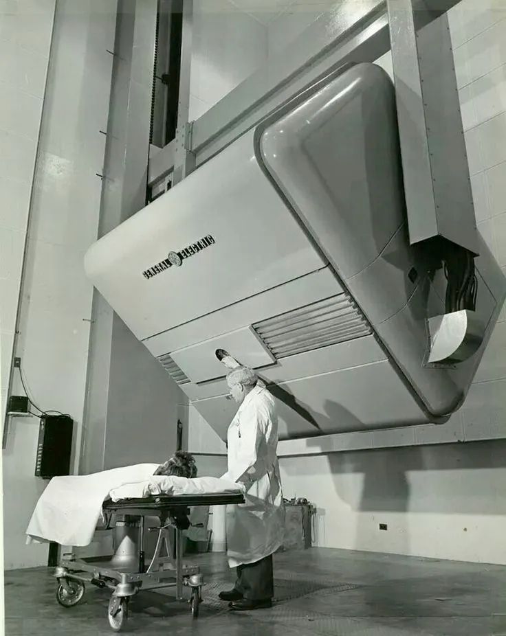 Patient receiving radiation treatment at University of California Medical Center in the 1950s, via @sci_fi_infra.