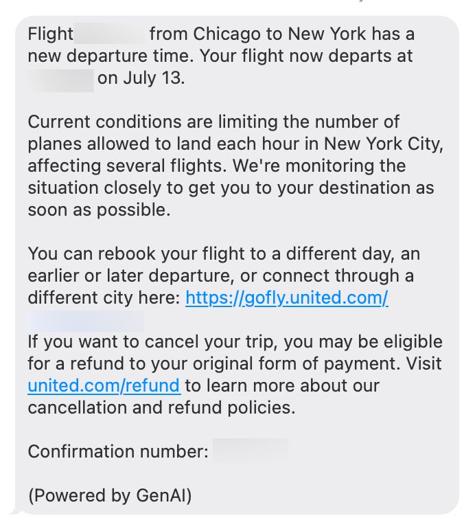 Text message about weather delays, ending with (Powered by GenAI)