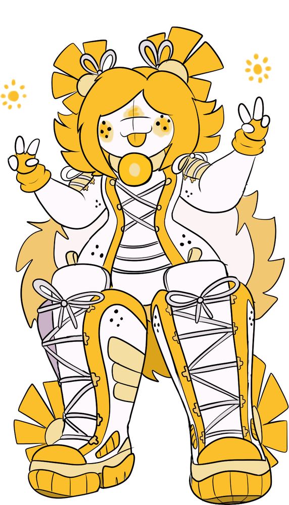 A white and yellow sun themed creature with no eyes, huge boots and various sun themed decals. He has laces around his body, as well as air hole freckles to signify that he’s meant to be a creature who’s made of the boots he’s ‘wearing’. He’s giving two peace signs as well as sticking his tongue out!