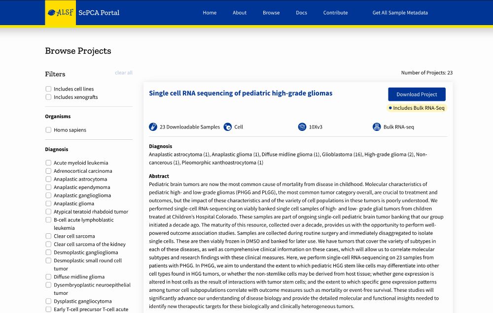 A project page on the ScPCA Portal.