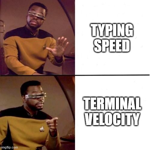 Levar Burton Hotline Bling No/Yes meme format. Geordi hates the phrase "Typing speed" and vastly prefers "terminal velocity"