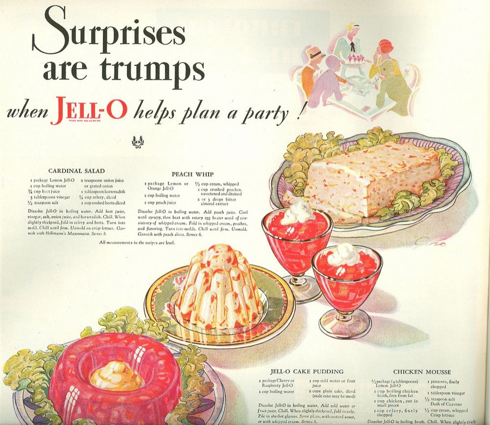 An old ad for gross Jello-based food that says "Surprises are trumps" for some weird reason