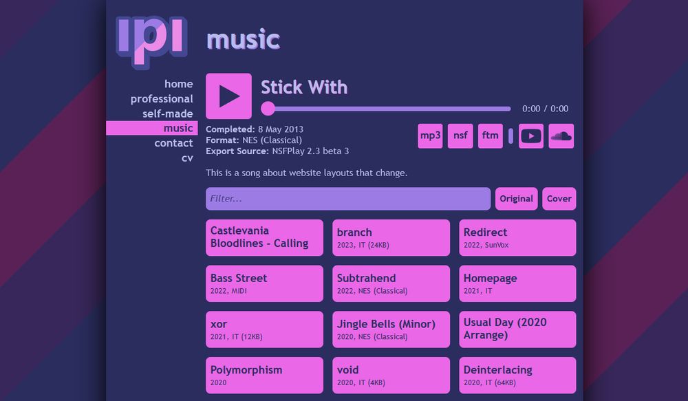 Screenshot of the new music page on my website, showing a music player, description, downloads links, and a list of other songs