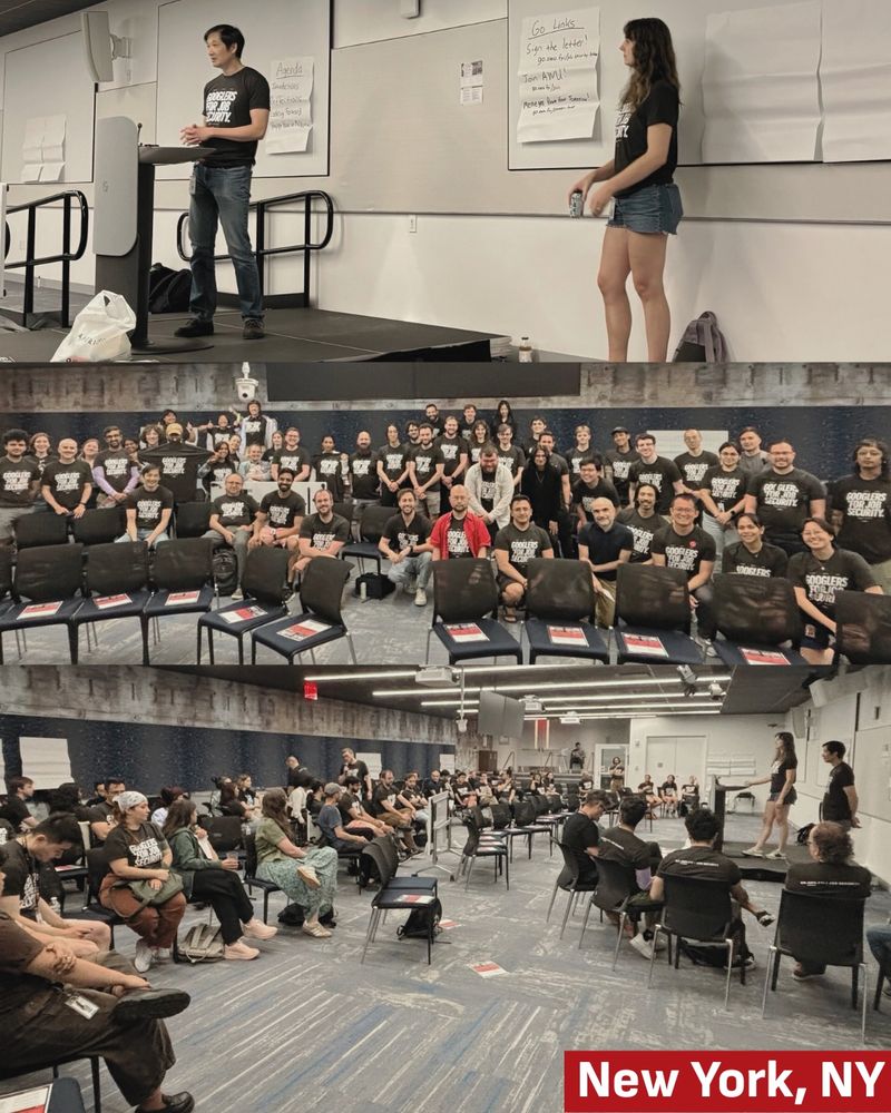 a photo collage with three photos of Googlers in New York City wearing black Googlers For Job Security tshirts labeled with “New York, NY”; the top photo shows two workers speaking to a crowd; the middle photo is a big group photo; and the bottom photo shows all the participants sitting and listening. 