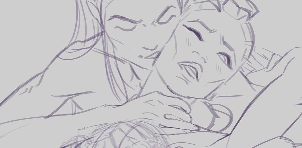 three women enjoying each others company sans clothes, one woman is the focus of the other two, her neck being kissed, her throat held possessively as she reaches back to grab at the women behind her. the top of the third woman's head can be seen dipping low below the image preview. polytrix mira rumi and part of zoey's head from kpop demon hunters.