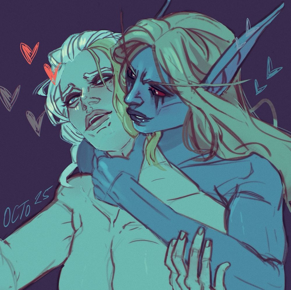 Sylvanas and jaina from world of Warcraft, both nude, sylvanas is behind jaina, hand around her throat and smirking. Jaina is fery much enjoying the rough treatment. 