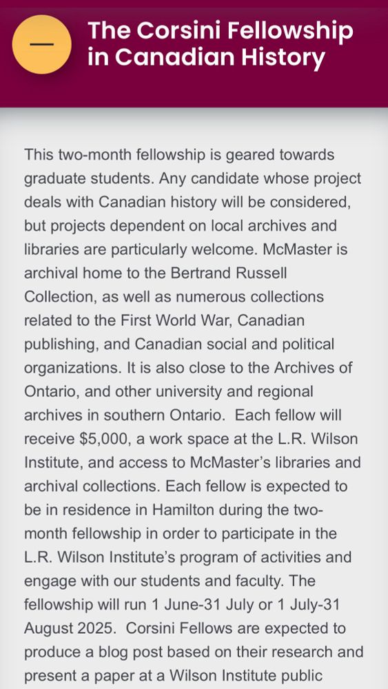 Screenshot of the text detailing the Corsini Fellowship. To access this with a screen reader, follow this link: https://wilson.humanities.mcmaster.ca/our-community/fellowships-2/