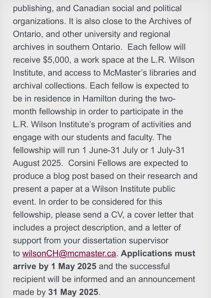 Screenshot of the text detailing the Corsini Fellowship. To access this with a screen reader, follow this link: https://wilson.humanities.mcmaster.ca/our-community/fellowships-2/
