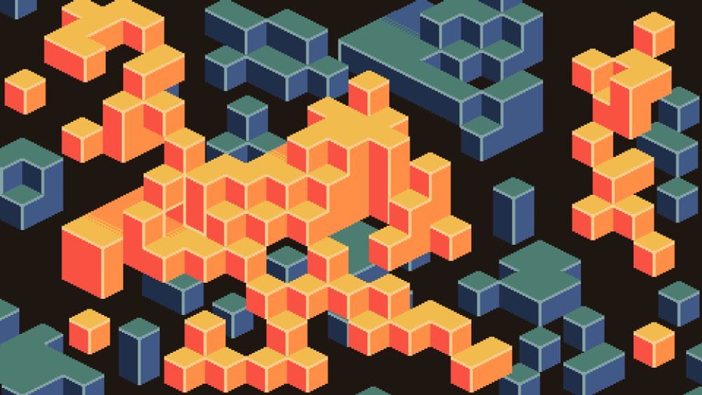 Isometric pixel art of yellow and teal cubes arranged in space.