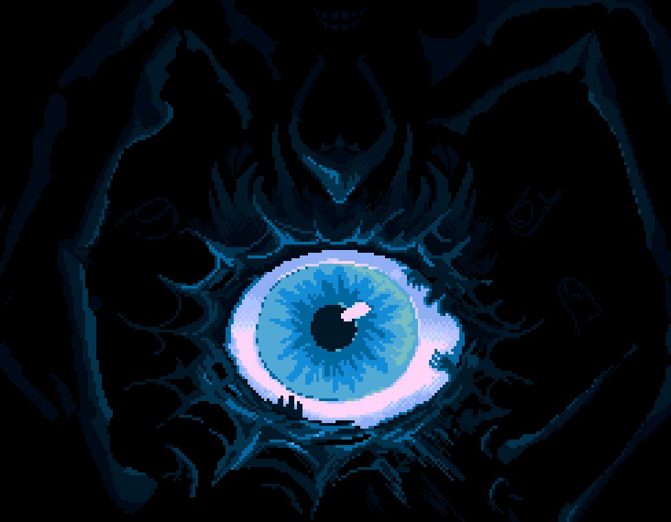 Pixel fan art of the Warframe Oraxia looming from the shadows over an eye enveloped in webs.