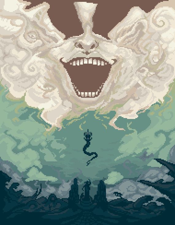 This is Pixel art depicting the story book island of Duviri shrouded by the man in the wall manifesting in the clouds. An orowyrm rises from the land to meet the smiling maw of the man in the wall.