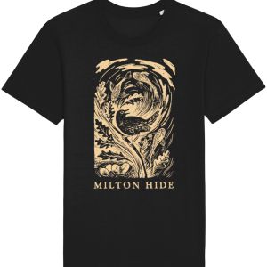 Black t shirt featuring cream design of a bird on an oak branch surrounded by leaves and fish with the words milton hide