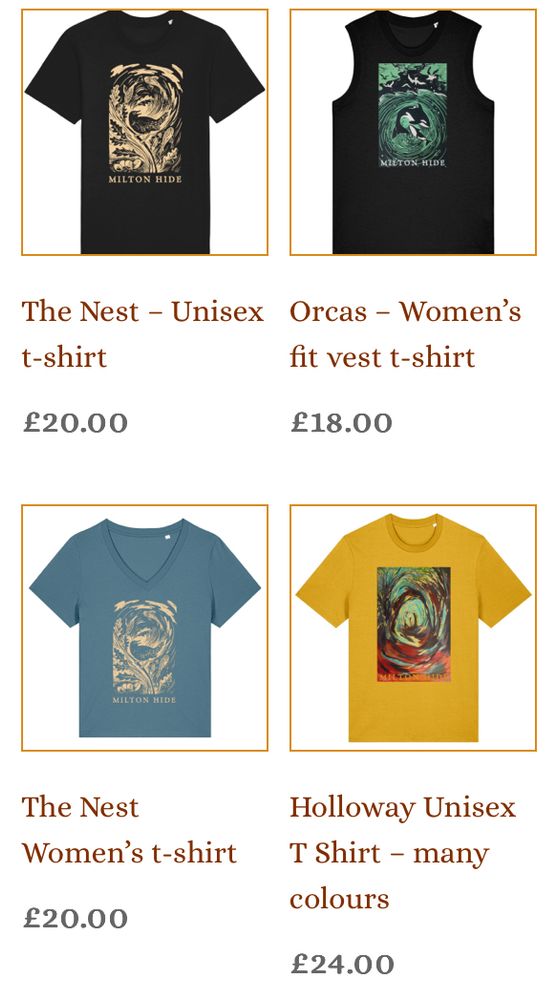 Screen shot of online shop featuring 4 different t shirt designs. 