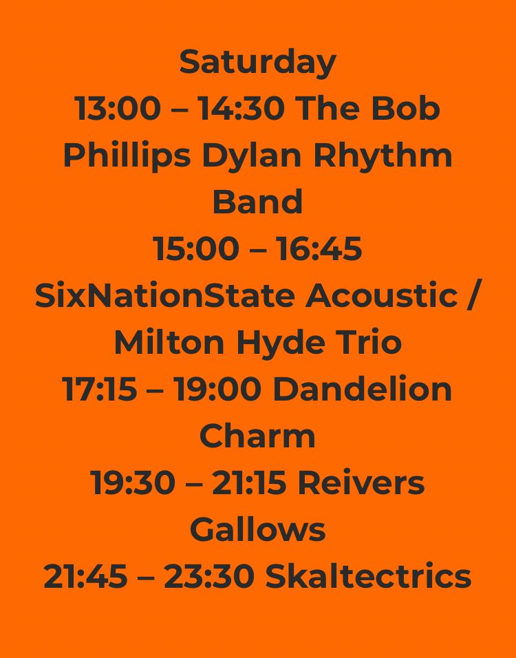 Screen shot showing text of performers and times for Saturday on orange background 