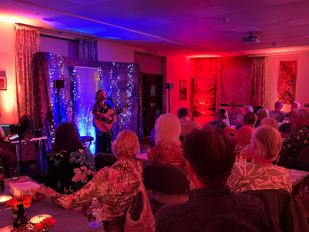 A glittering stage backdrop, a woman plays guitar and sings into a microphone in front of a seated audience. Lighting colours are red and purple. It is evening and looks cosy and inviting 