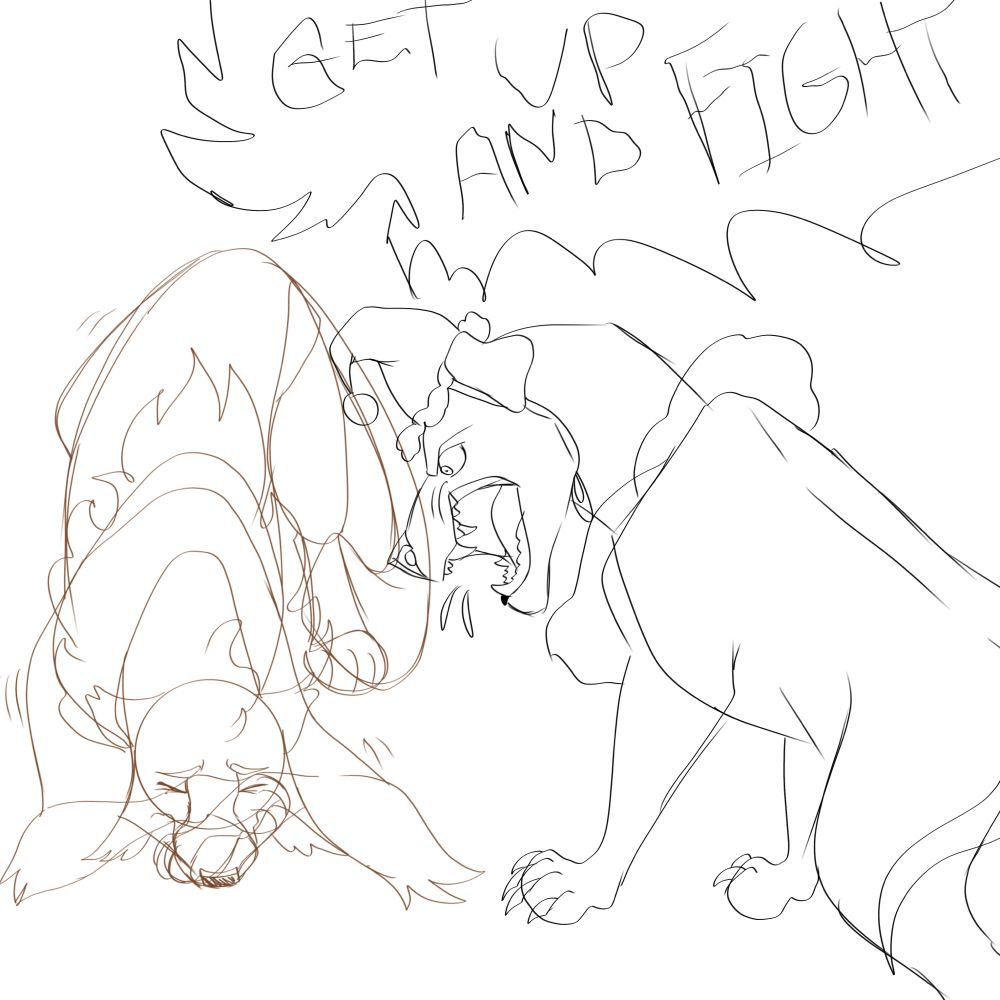 Sketch of my two feral ocs, rogue/deimos my king cheetah (he is currently cowering in fear) and my dalmatian villain pierrot who is urging him to stand up and fight back (even tho deimos cannot fight nor will he).
