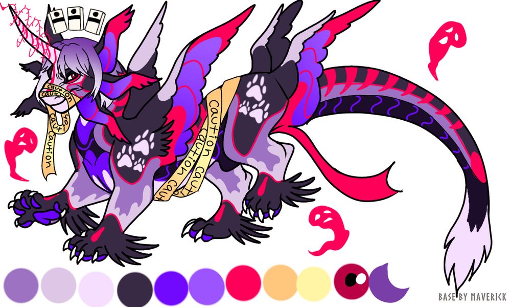 A purple and red dragon with caution tape around his body and snout.