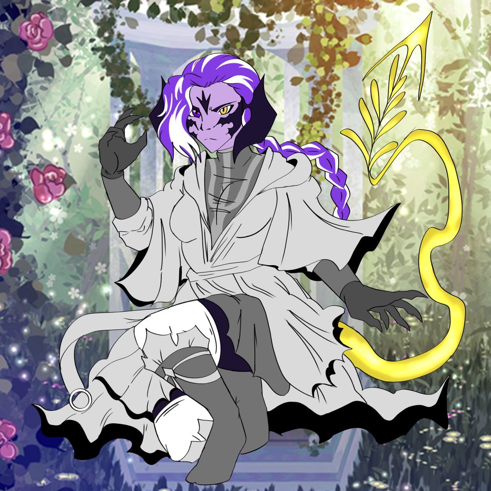 Drawing of a purple and white haired, purple skinned au’ra gal crouched with her arms in dynamic posing, she looks ready to either take off or perform some type of leap. She’s in the middle of a type of garden.