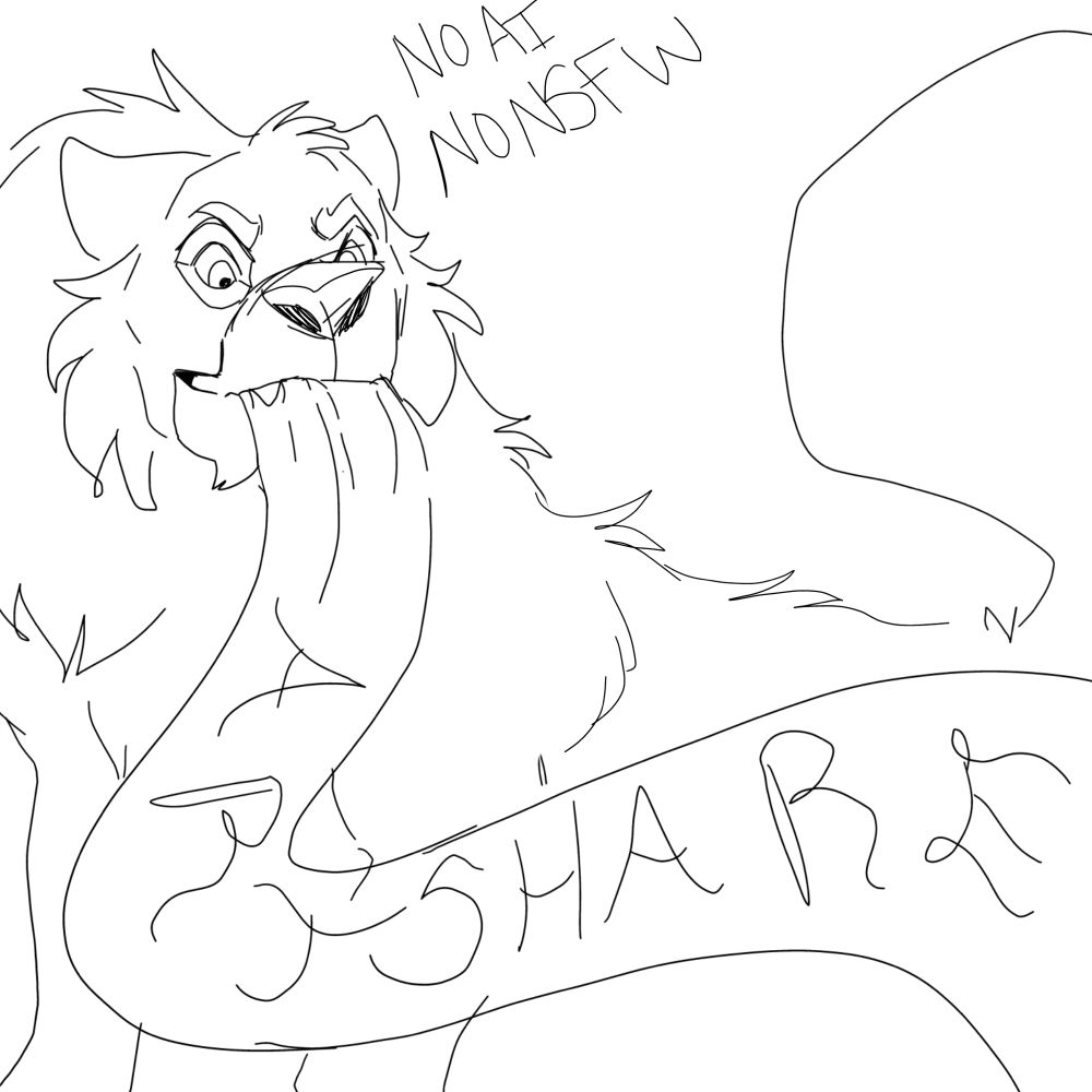 Messy sketch of a cartoony wolf holding a giant piece of a scroll/paper with the words “ArtShare” written on it