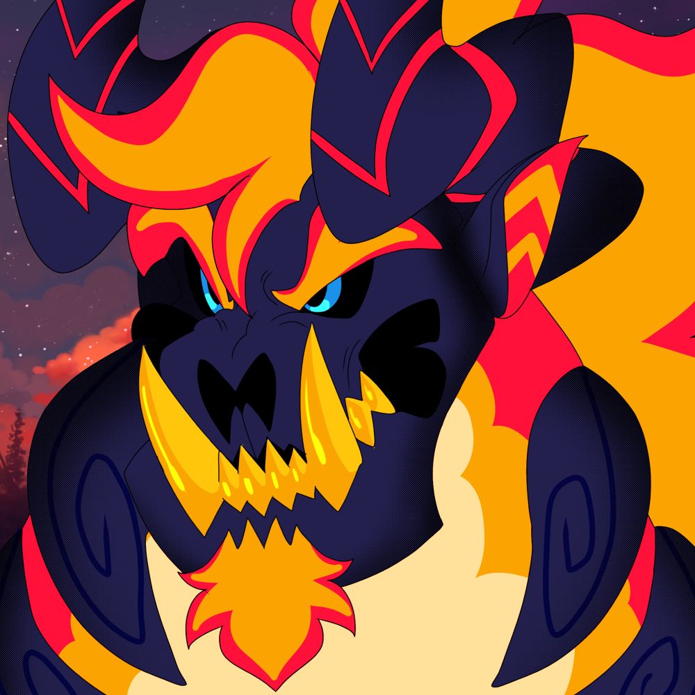 A dark blue (almost black) colored hellhound with a body made of fire/magma. He has intense blue eyes and his maw is partially open as he has a somewhat growling like expression. 