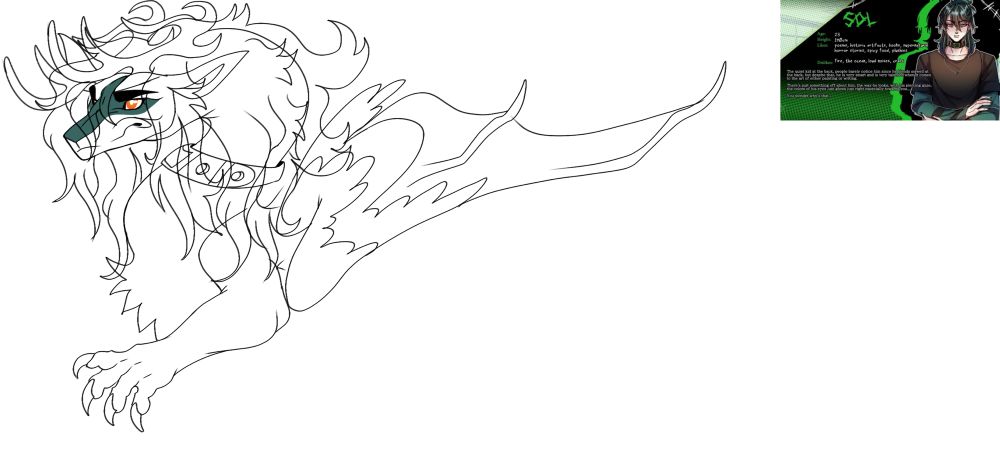 WIP/Work In Progress of a dragon solivan from TKATB (the kid at the back) visual novel game.