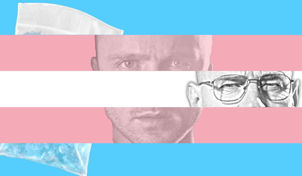 The transgender pride flag featuring walter white’s face in the white line, jesse pinkman’s in the pink lines, and crystal meth in the blue lines