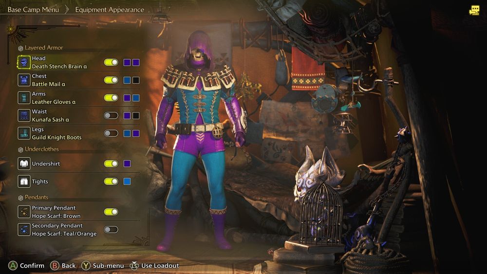 A layered armor set in MH Wilds, that's supposed to look like Skeletor from Masters of the Universe. The shoulder cowl is black this time.