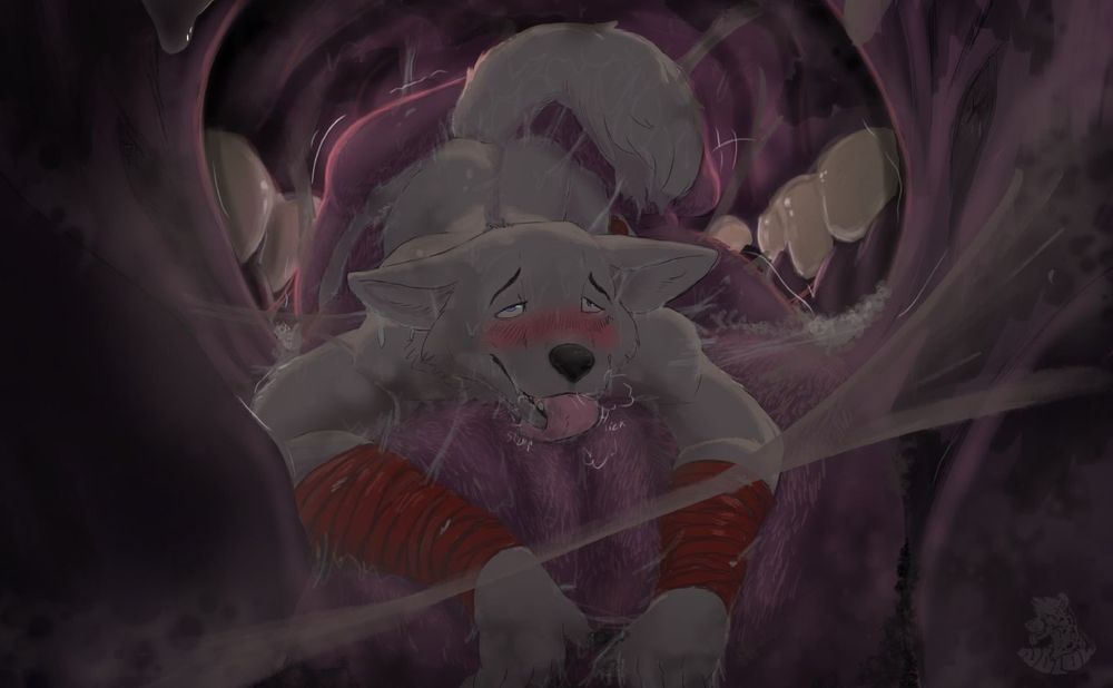 Nolow's Cherry flavored Wolf pup inside the maw of a Rude Cheetah, being soaked in his drool. Suckled on for hours.. soon to slip down that greedy gullet~