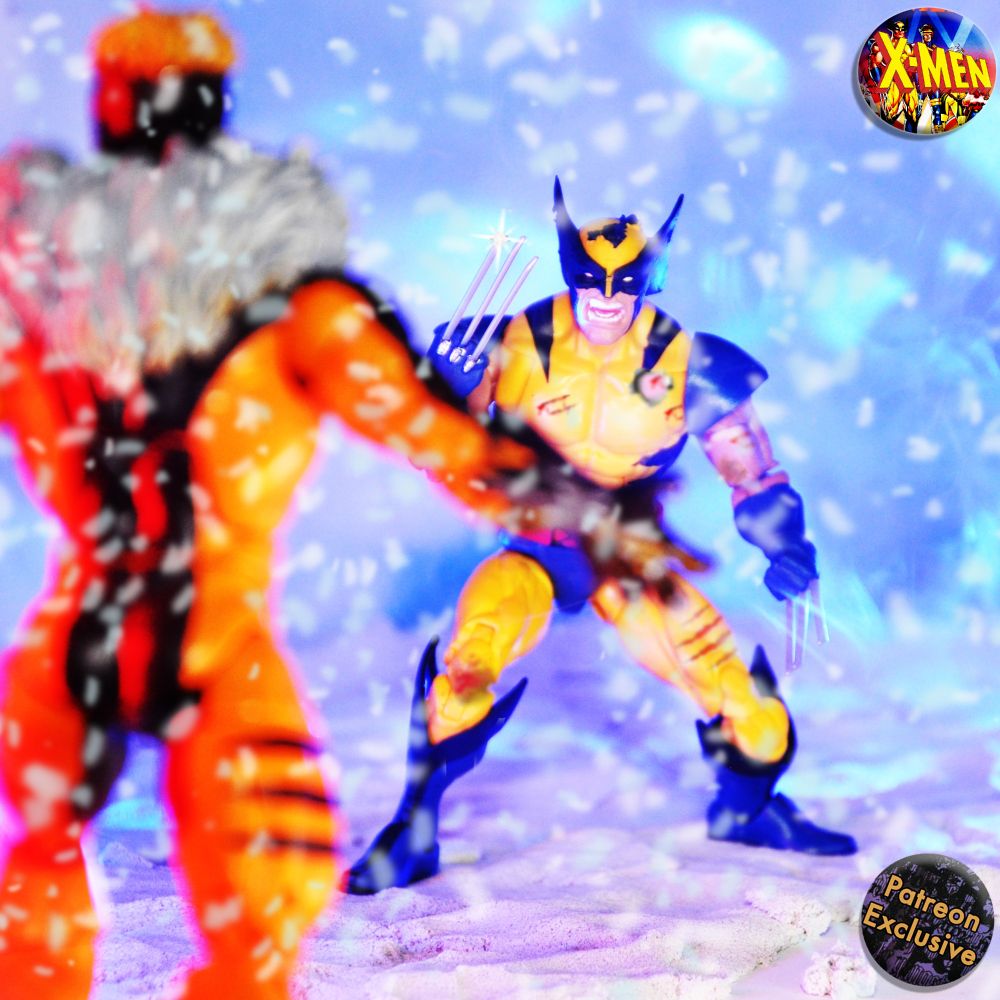 cover for our pod episode on X-Men TAS "Cold Vengeance" with Sabretooth action figure in the foreground out of focus and the Wolverine action figure in focus looking all beat up in a snowy setting with blue lights