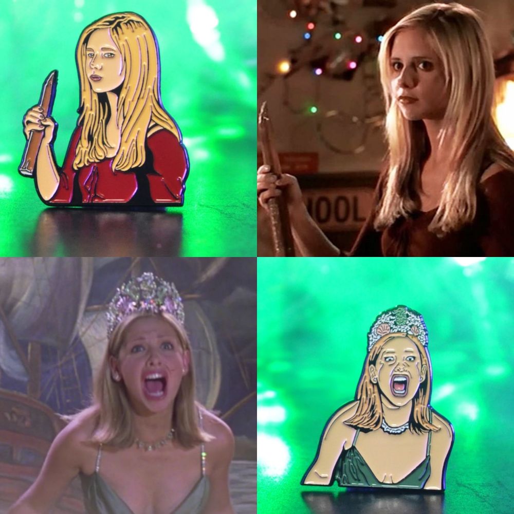 Photo collage comparing our Buffy + Helen Shivers pins to their on screen inspirations 