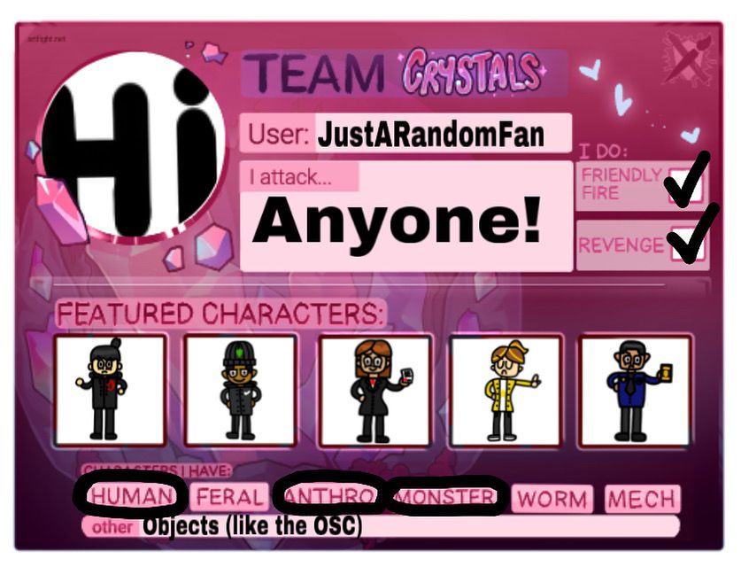 The user JustARandomFan's ArtFight card, featuring the OCs he has.
