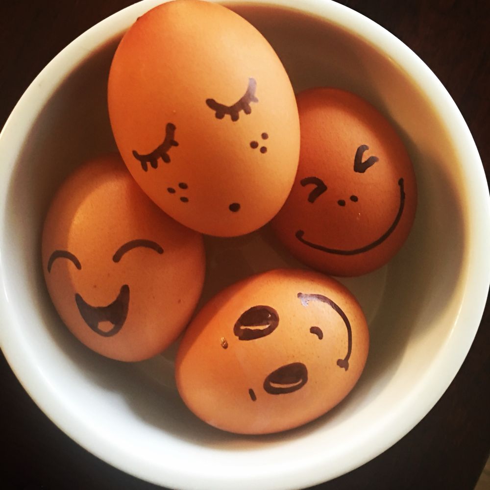 Happy faces drawn on brown eggs 