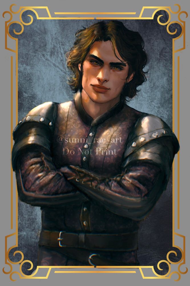 Pictured: Casteel Da'Neer. A man with dark, shaggy hair with his arms crossed. Dimples and golden eyes wearing a burgundy doublet.