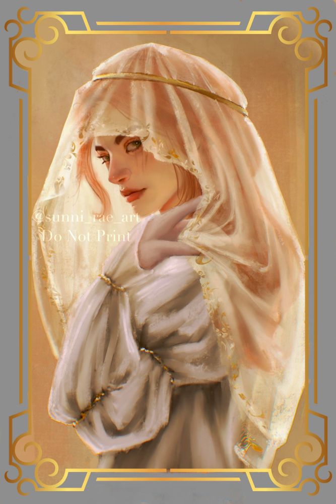 Pictured: Poppy Balfour. A woman turned slightly away from the camera in a white veil and white dress with golden accents. Green Eyes and a trio of scars over her eye.