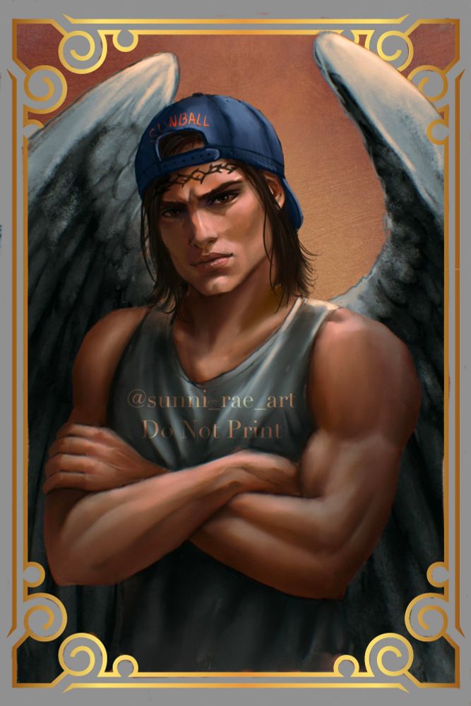 Pictured: Hunt Athalar. A tan man with shoulder length dark hair wearing a blue baseball cap backwards.  He has his arms crossed and grey wings and a tattoo of thorns across his brow.