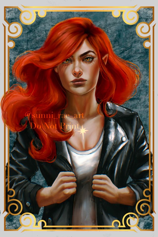 Pictured: Bryce Quinlan. A woman with long red hair and golden eyes in a leather jacket with a shining star tattoo on her chest.