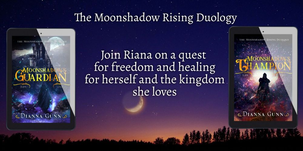 Night sky with "The Moonshadow Rising Duology" written across the top. The fantasy book cover for Moonshadow's Guardian, with a woman walking toward a castle under a night sky, is on the right. The fantasy book cover for Moonshadow's Champion, with a woman holding a sword walking toward the reader through a spiral of red and purple sparks, is on the left.

In the centre it says “Join Riana on a quest for freedom and healing for herself and the kingdom she loves”