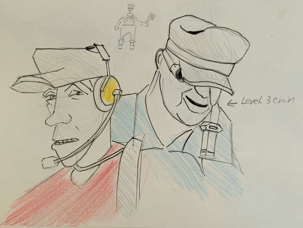 Red TF2 scout snarls at Blu Engineer wearing the level 3 chin cosmetic