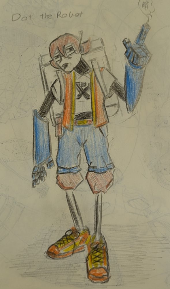 Robot with big gun hands and poles for legs, wearing an orange safety vest