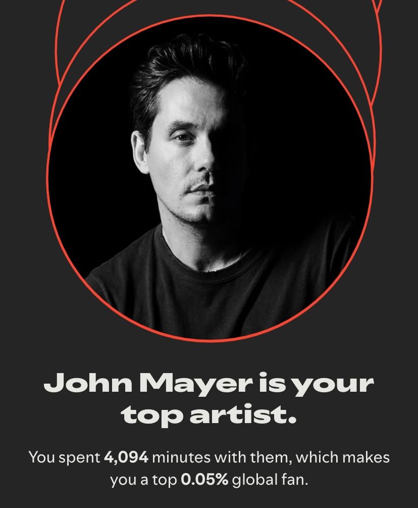 Spotify Wrapped: "John Mayer is your top artist. You spent 4,094 minutes with them, which makes you a top 0.05% global fan."