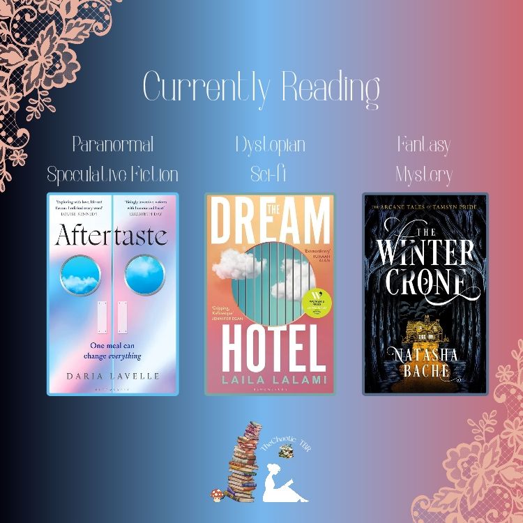 My graphic for my Current Reads

Aftertaste by Daria Lavelle (finished) - Paranormal/Speculative Fiction
The Dream Hotel by Lala Lalami - Dystopian/Sci-fi 
The Winter Crone by Natasha Basche - Fantasy/Mystery