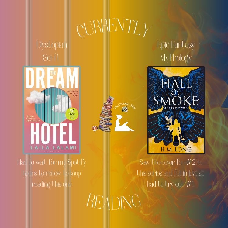 Currently Reading graphic with covers of The Dream Hotel by Laila Lalami and Hall of Smoke by H.M Long