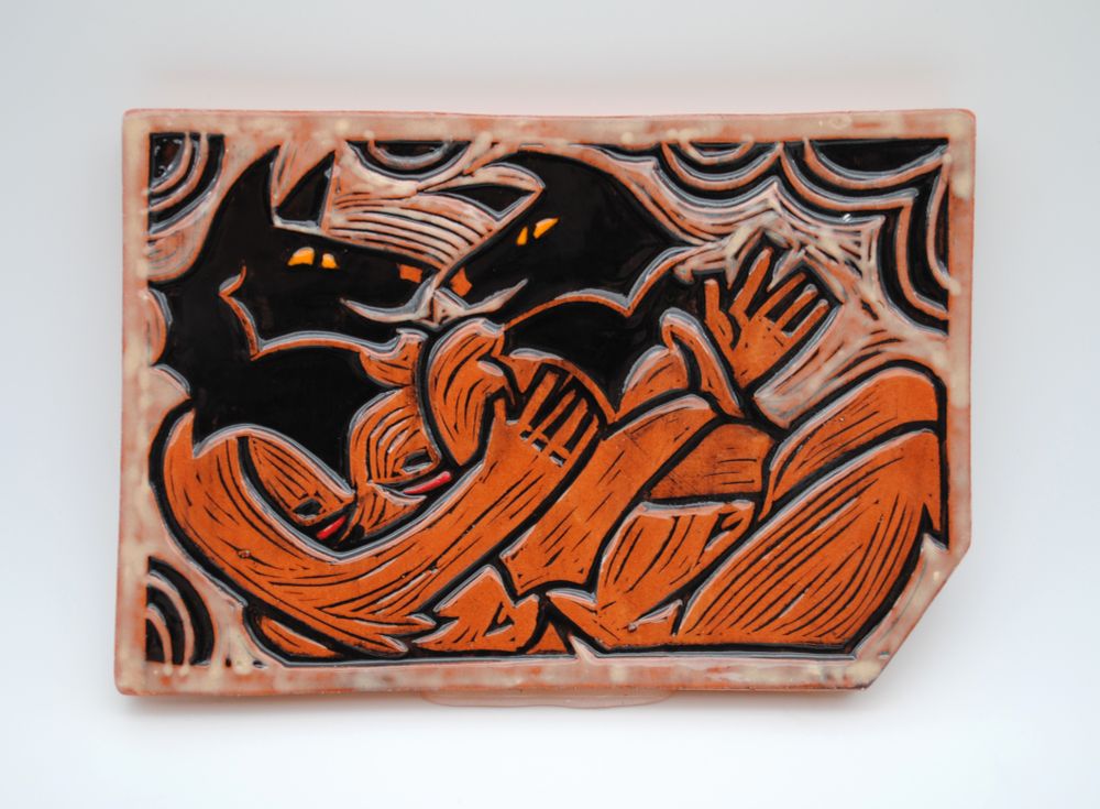 rectanglar clay tile with the imagery of two werewolves sharing a conversation, one has top surgery scars 