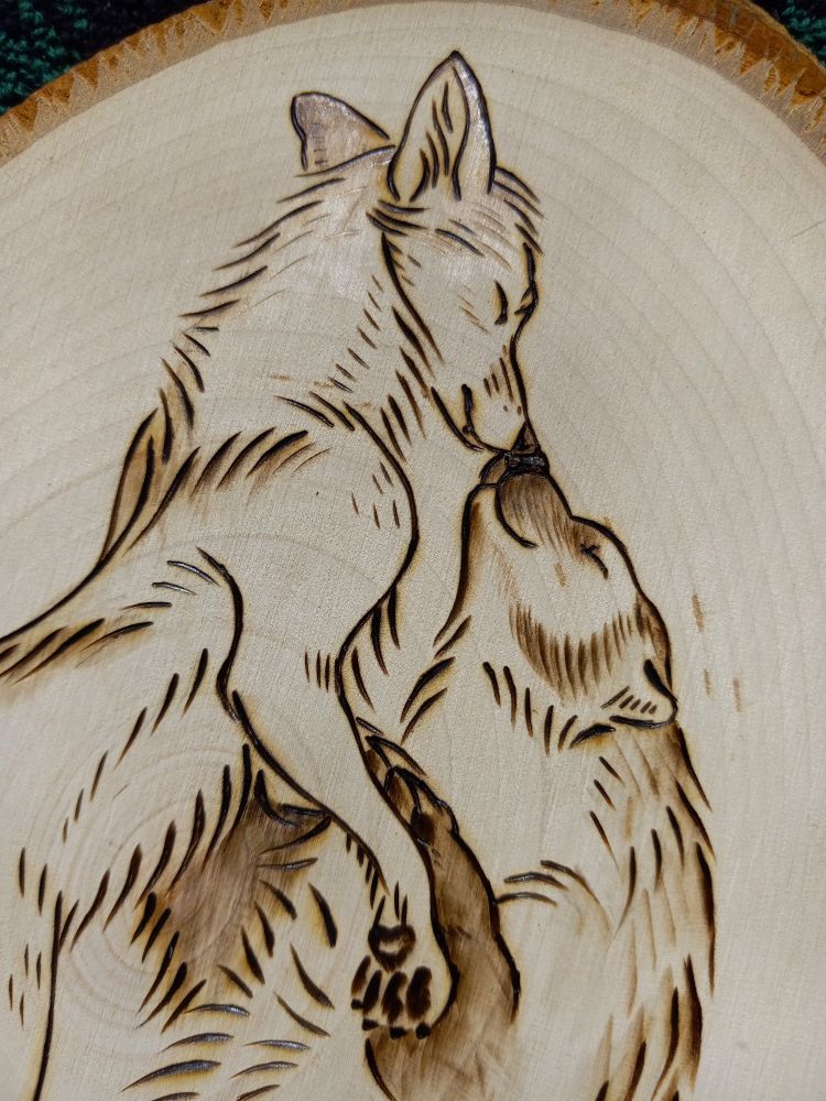 Close cropped photo of a woodburn art piece, showing a dancing coyote and American badger!