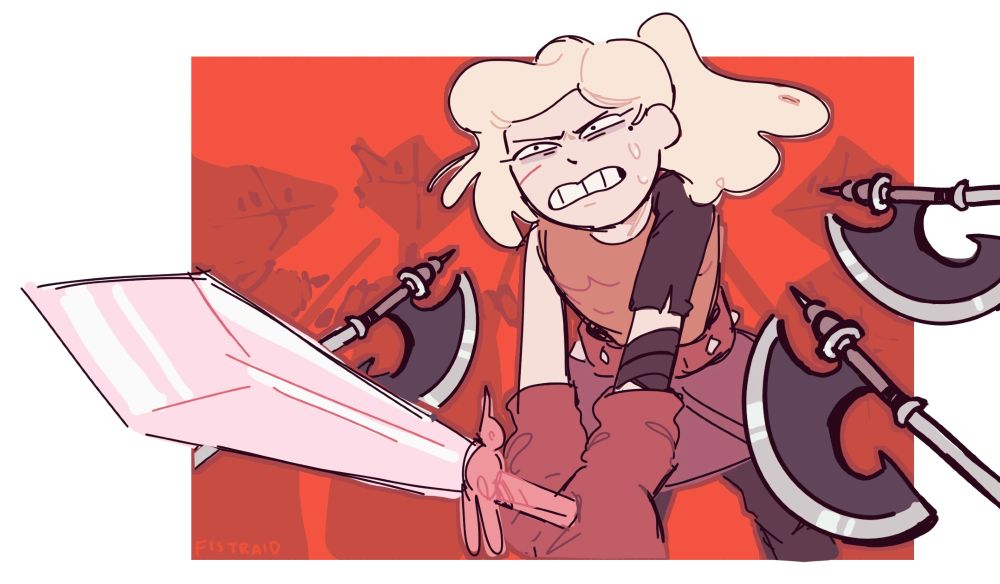 sasha pointing her sword towards the viewer, surrounded by battle axes